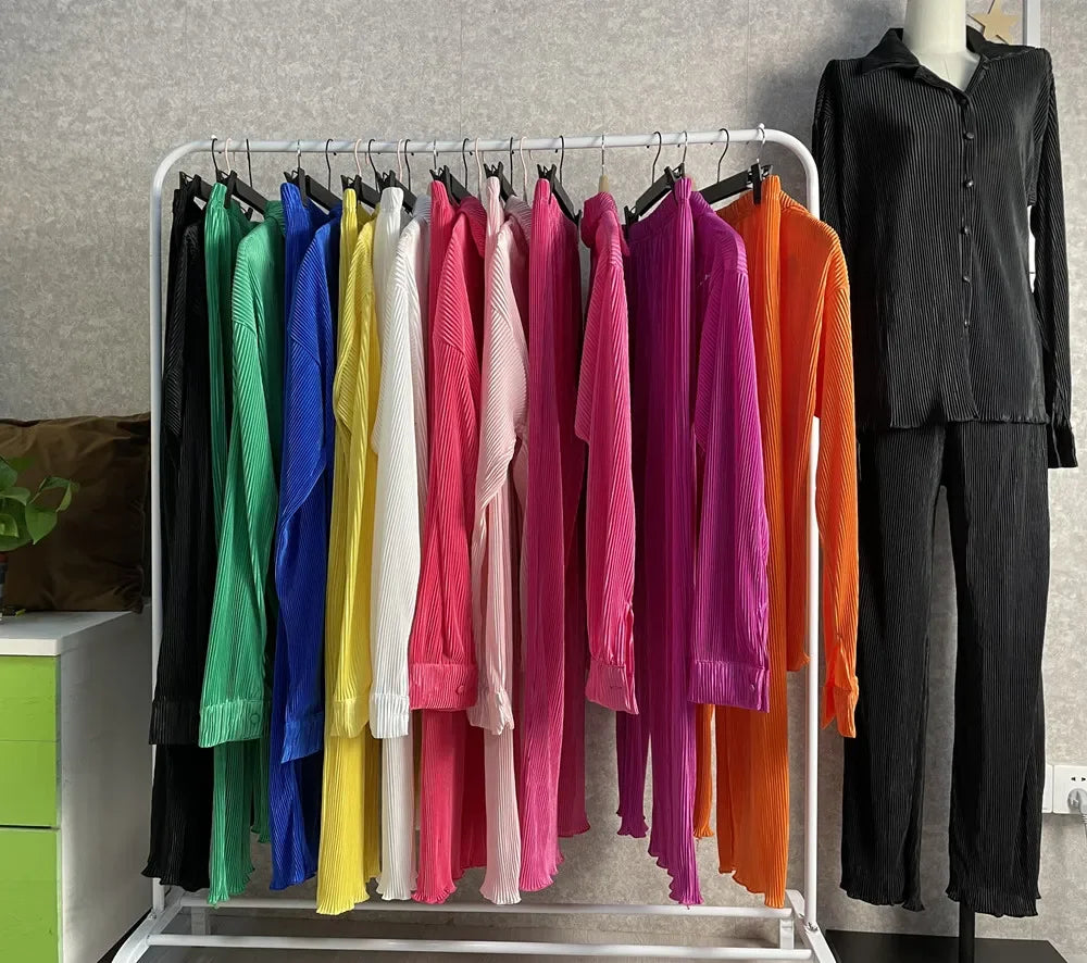 Pleated Solid Women Set Long Sleeve Shirts and Straight Wide Leg Pants Suits Tracksuit Two Piece Set Fitness Outfits