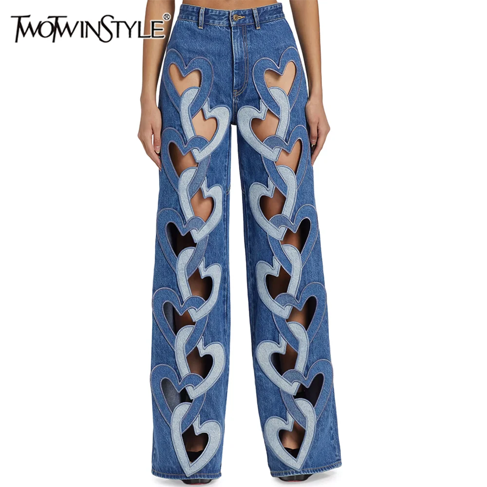 Streetwear Patchwork Button Denim Pants For Women High Waist Loose Hollow Out Designer Jeans Female Fashion Style