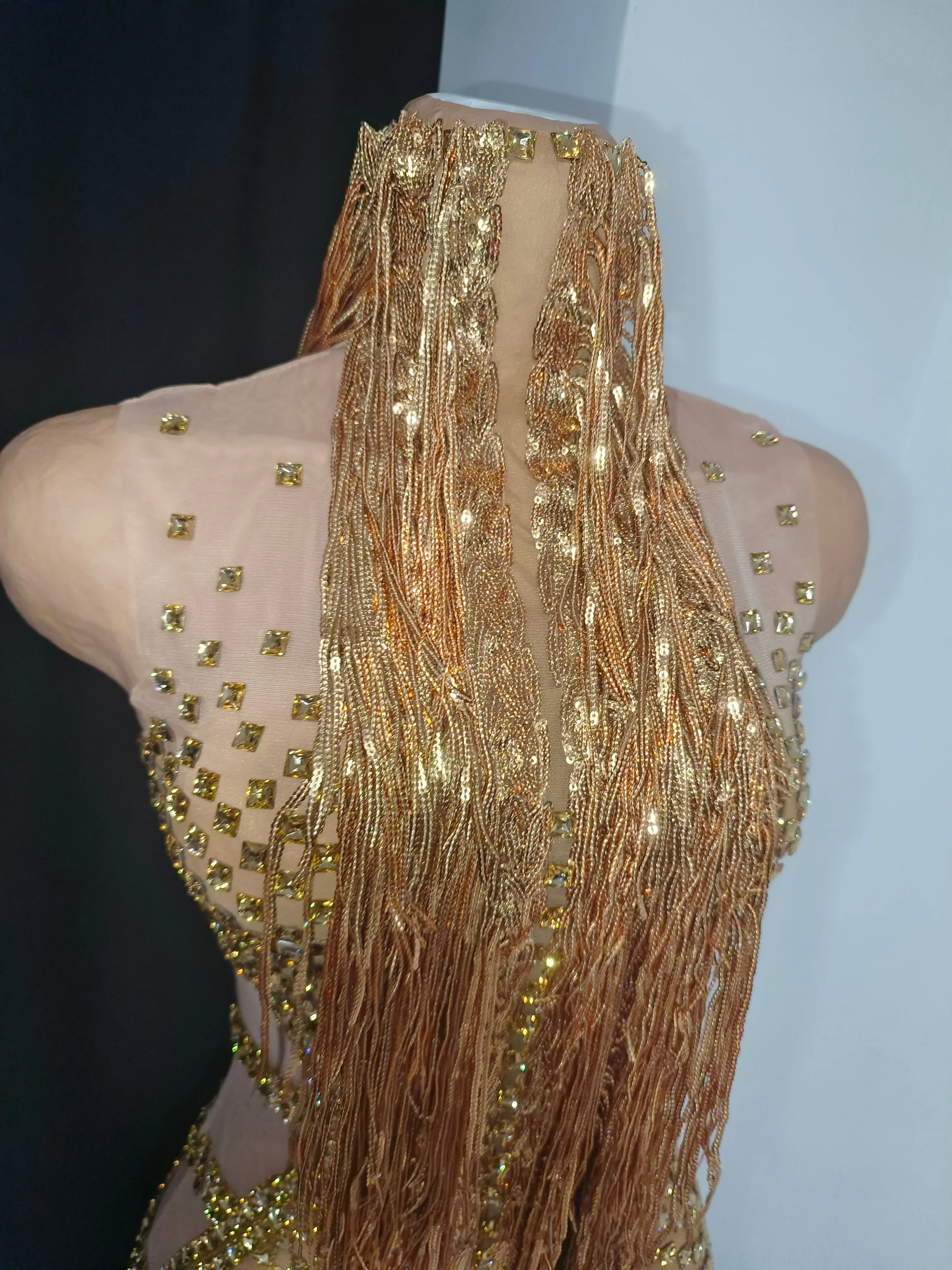 Opulent Gold Halter Neck Mini Dress Women Sexy Crystal Embellished Fringe Trim Form-Fitting Outfit Formal Event Party Costume