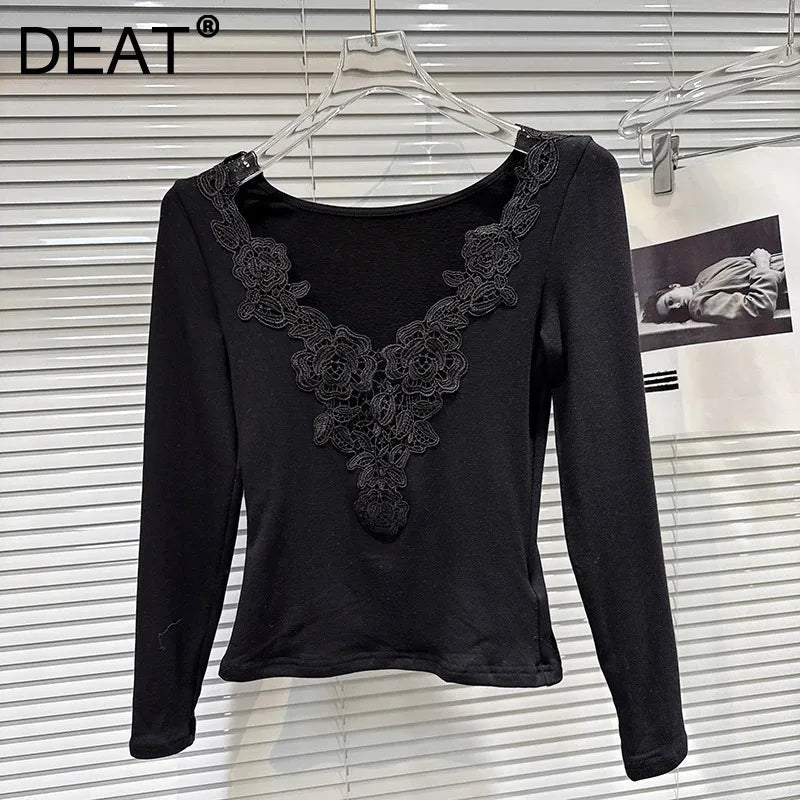 Winter New Fashion V-neck Lace Embroidery Collar Edge Shoulder Pad Base T-shirt For Women Slim Fit Top Female 11A07756