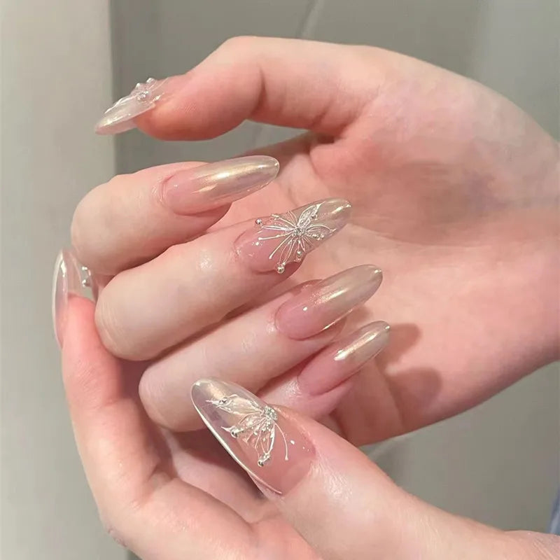 24Pcs Long Gradient Press on Fake Nails Full Cover Butterfly Rhinestone Design Gentle Oval Fashion Nail Detachable Nail Tips Art 6