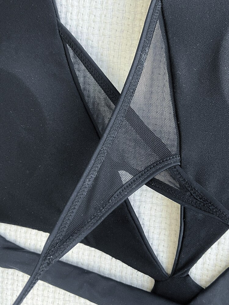 Sexy Black Halter Swimwear - Mesh Hollow Push UP One Piece Swimsuit Monokini Backless Cross Bathing Suit