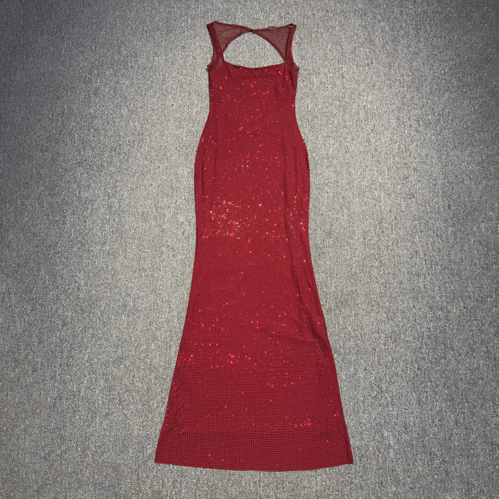 Multi Colours Shiny Rhinestones Mesh Patchwork Long Dress For Women Backless Slim Bodycon Evening Party Cocktail Gowns Red