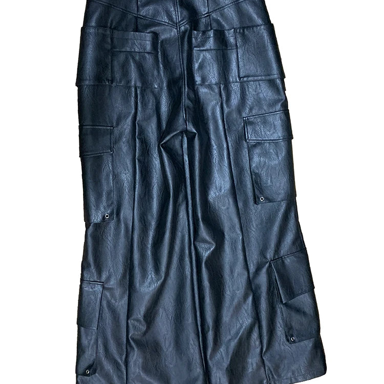 Mauroicardi Autumn Baggy Black Faux Leather Wide Leg Cargo Pants Men with Many Pockets Luxury Mens Designer European Clothing