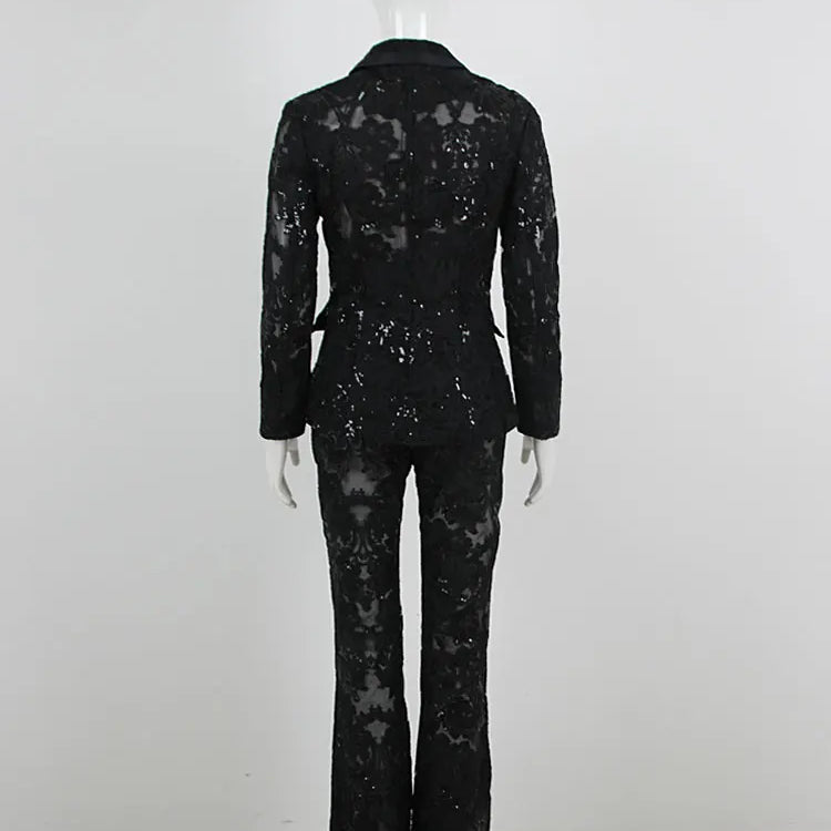 Sexy Autumn Women's Sequin Perspective Suit Pants Set with Polo Collar Long Sleeve Slim Fit Suit Coat+Flare Pants Two Piece Set