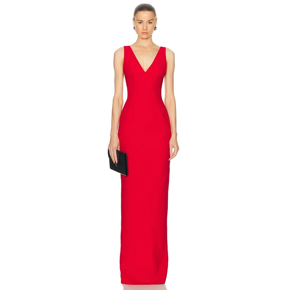 Ladies Sexy Backless Bodycon Celebrity Evening Party Club Black Sleeveless Maxi Bandage Dress Solid Women's Vestidos Red