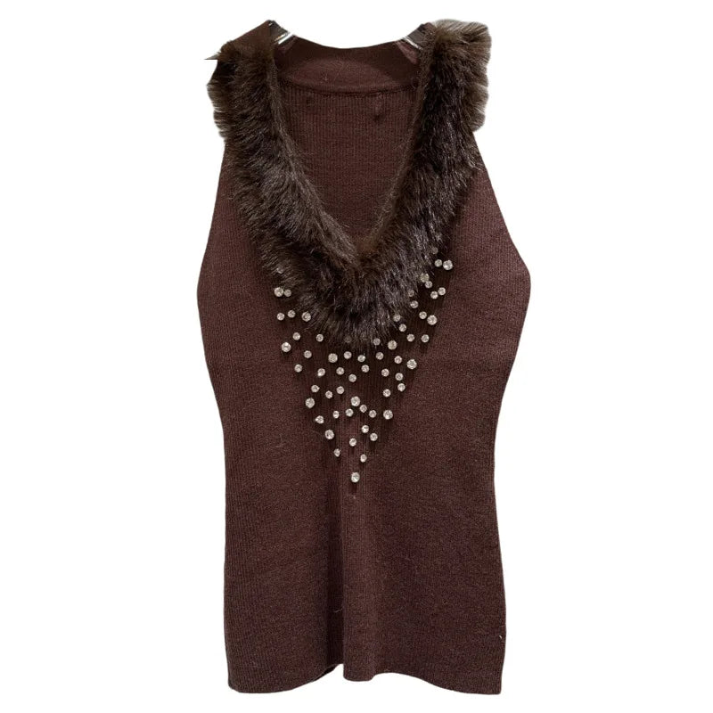 Winter New Fashion V-neck Furry Collar Rhinestone Design Knitted Vest Camisole For Women Slim Fit Tank Top 11A07754
