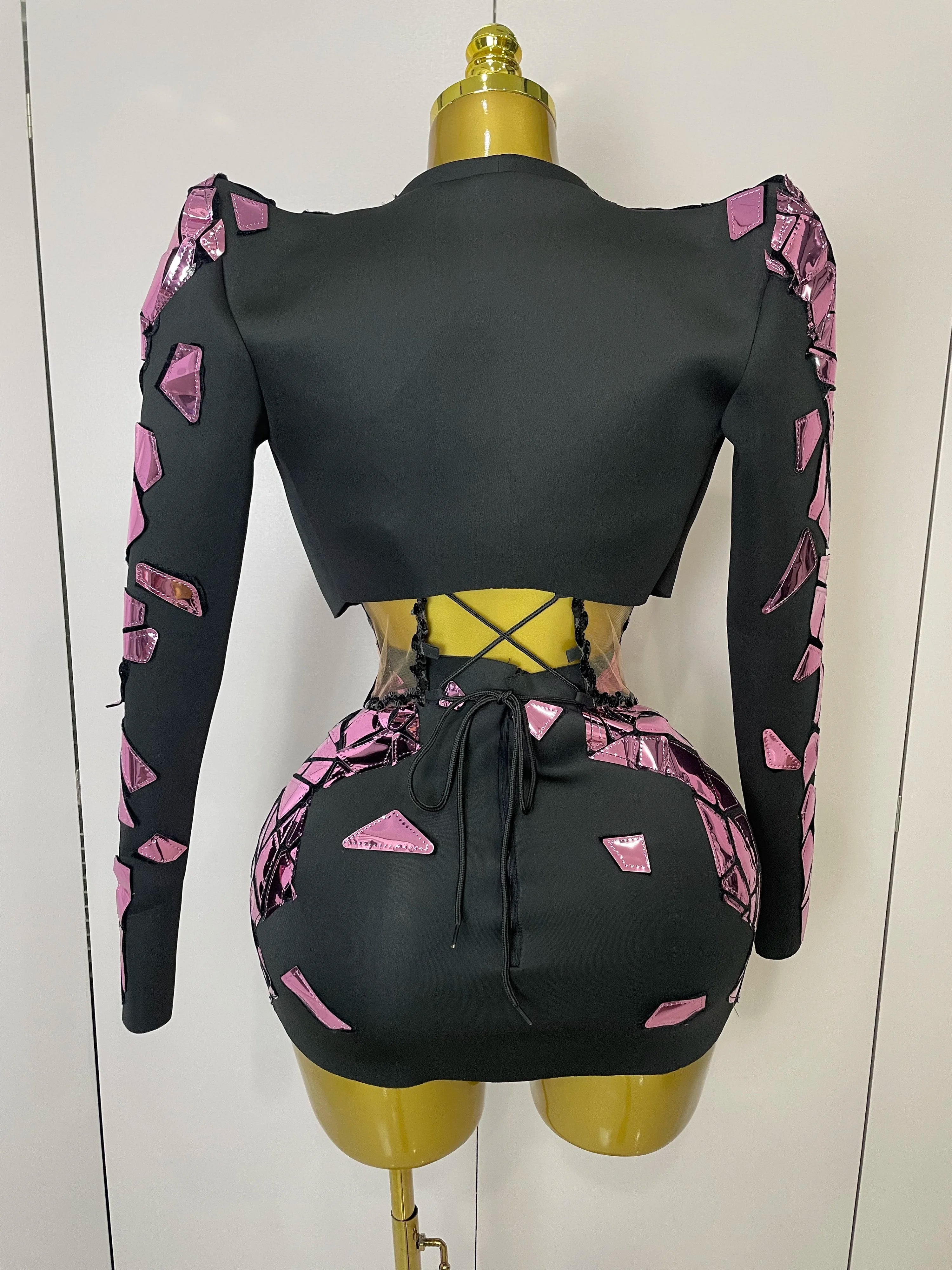 STOCK 2025 Women Sexy Pink Glitter Sequin Mirrors Short Skirt 3pcs Set Birthday Party Nightclub Queen Drag Stage Costume