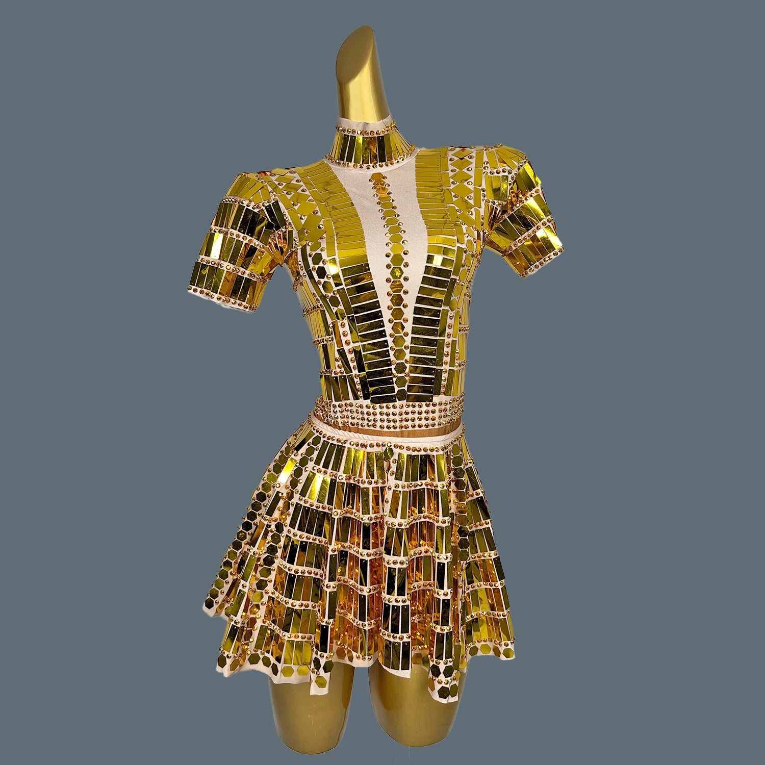 Women's Stage Show Bodysuit Mini Skirt 2Pcs Set Nightclub Dance Costume Birthday Party Shine Sequins Singer Wear Lianghuanghuang Gold