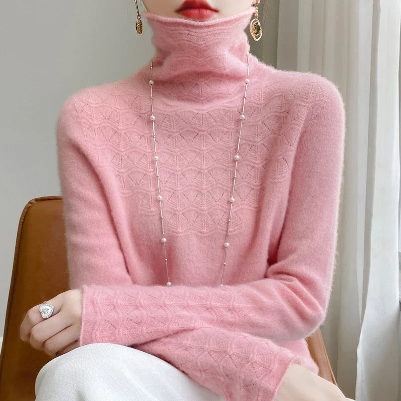 Fashion Cashmere Jumper 100% Merino Wool Pullover Winter High Neck Solid Long Sleeve Women's Seamless Hollow out Knitted Sweater pink