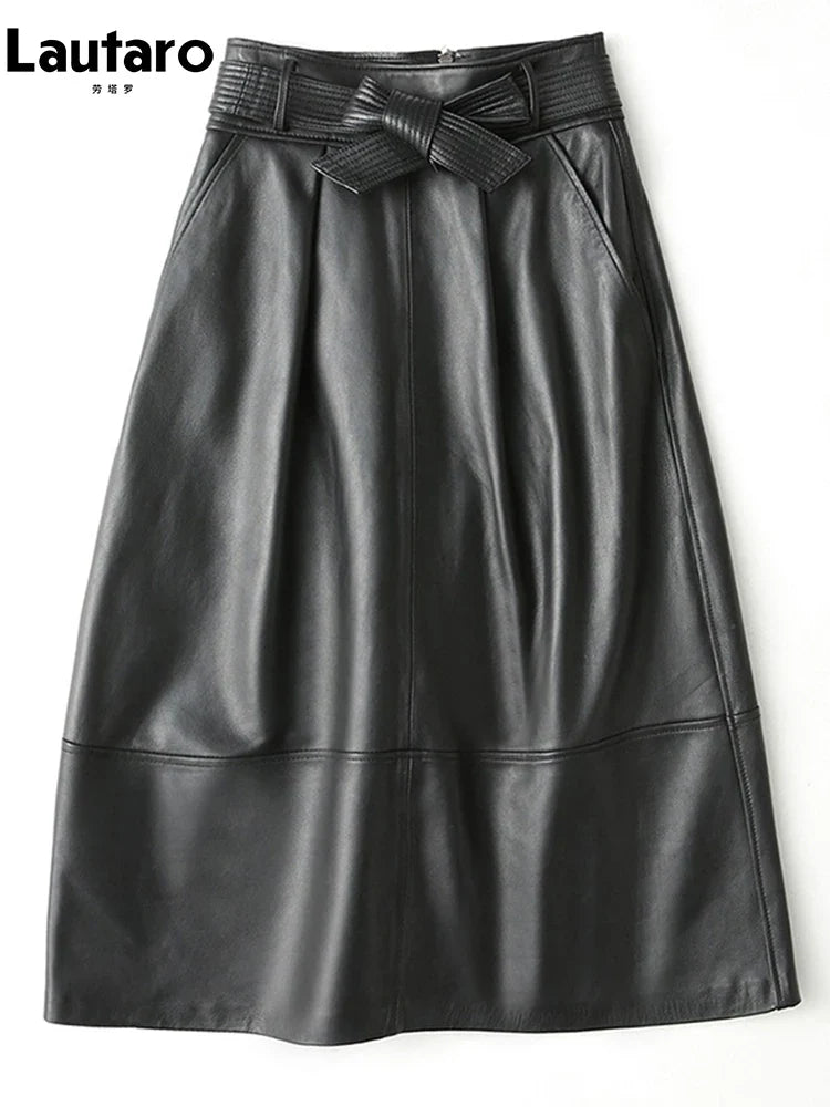 Spring Black Long Luxury Clothes for Women with Sashes High Waist A Line Midi Pu Leather Skirt Runway High Fashion 2023