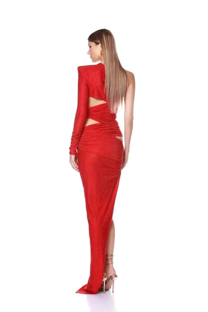 Shinning Rhinestones Women Sexy One Shoulder Bodycon Long Dress Wedding Memaid Party Celebrate Cocktail Dress Vestido