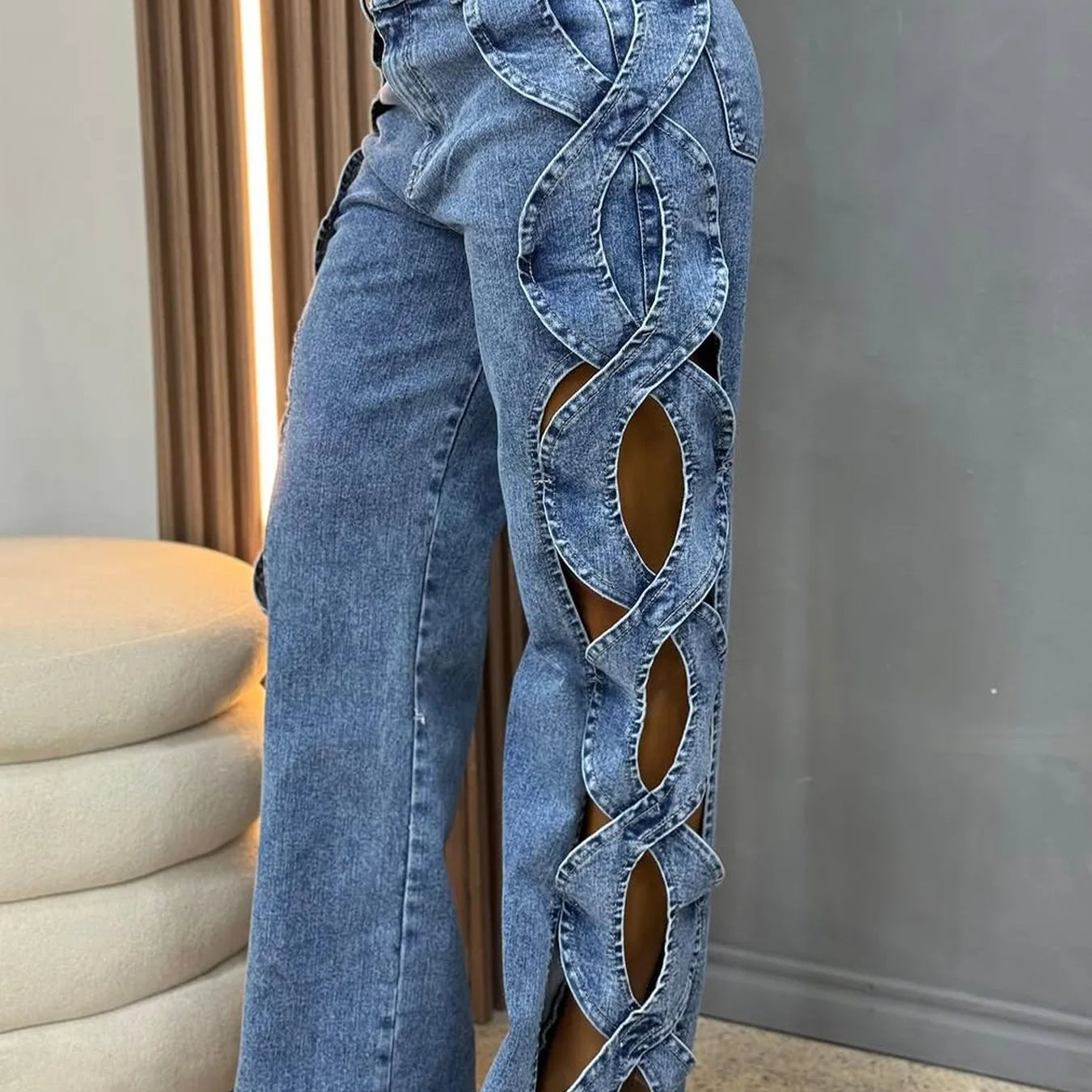 Women Streetwear Cutout Hollow Out Criss Cross Side Wide Leg Blue Denim Pants 2025 Fashion Sexy Party Jeans Trousers Blue