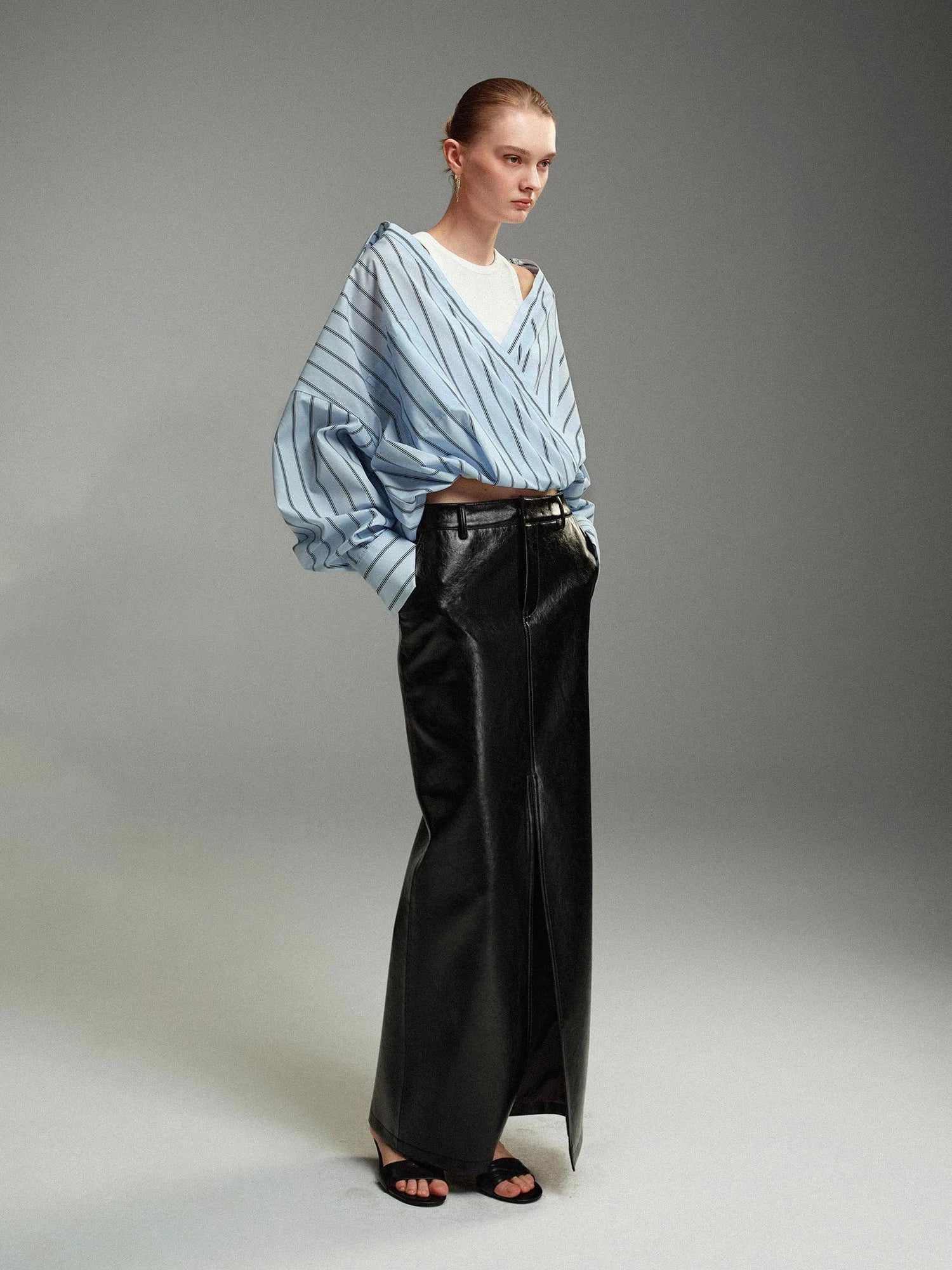 Lautaro Spring Autumn Shiny Black Pu Leather Maxi Skirt Women with Front Slit High Waist Extra Long Luxury Designer Clothes 2025 Black