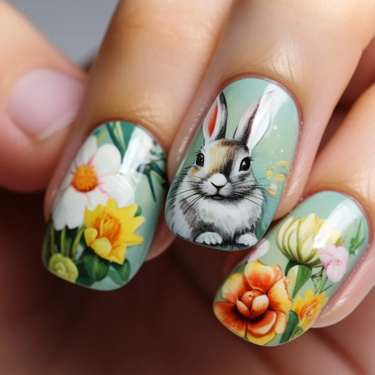 24pcs Easter Cute Rabbit Press On Nails Spring Daisy Flower Design Fake Nail Tips for Girl Women Wearable Short Cute False Nails