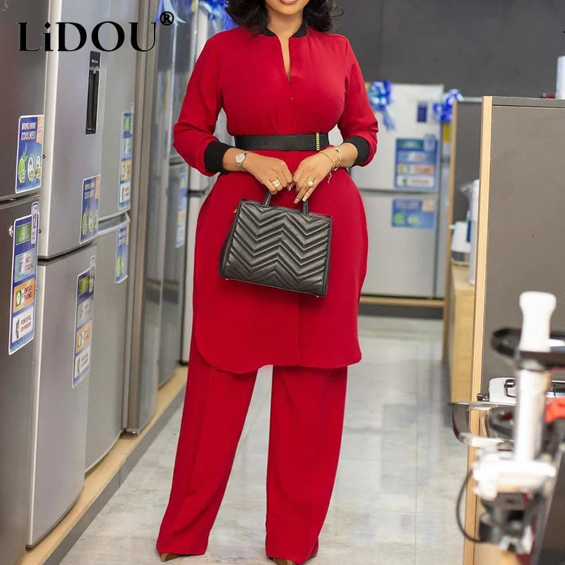 Spring Autumn New Elegant Fashion Plus Size Solid Two-piece Sets Women Loose Casual Office Lady Wide Leg Pants Oversized Clothes