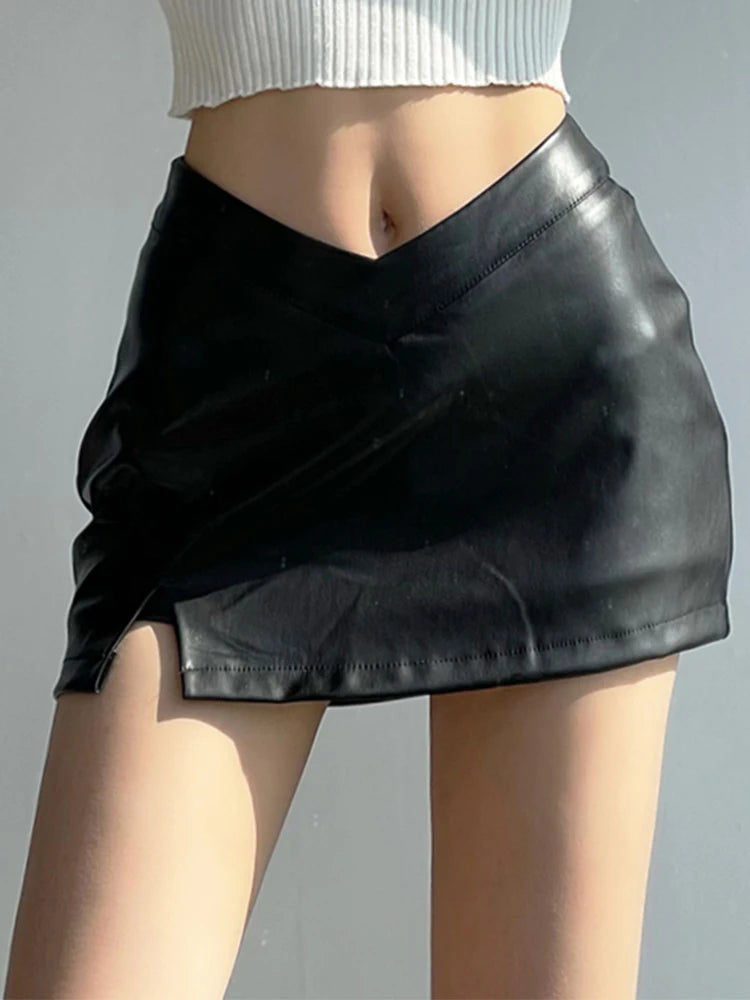 Lautaro Black Soft Stretchy Lightweight Pu Leather Mini Skirt Women with Slit Low V Waist Sexy Short Summer Luxury Chic Clothes Black