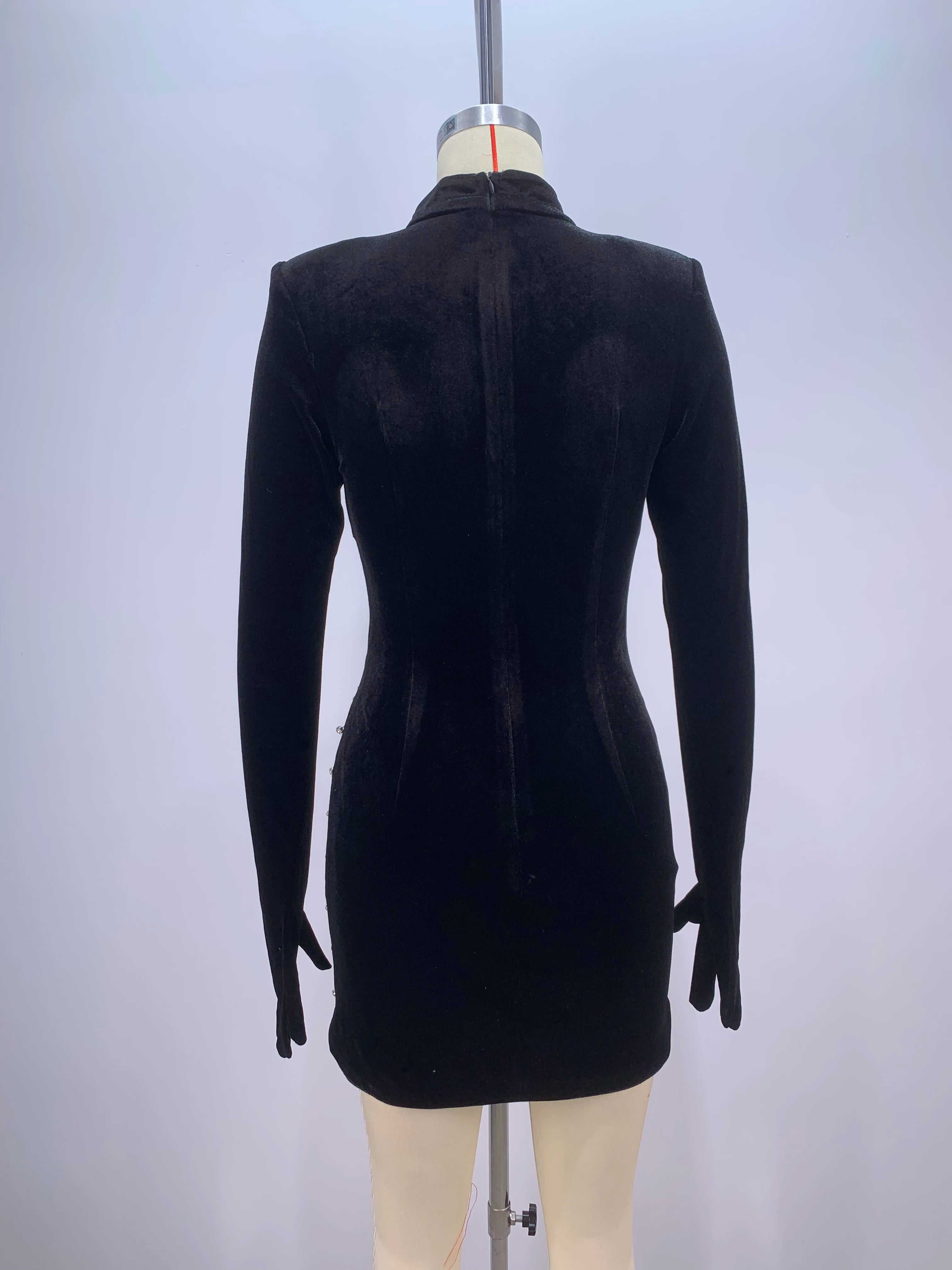 2024 New Fashion Women Long Sleeve Gloves Velvet Bodycon Mini Dress Sparkly Crystal Fashion Nightclub Party Cocktail Dress