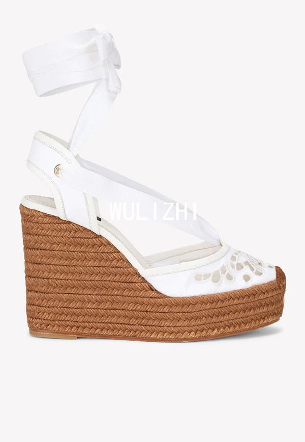 Women Woven Wedge Sandals Blue White Flower Print Graffiti Straw Butterfly Hollow High Heels Ankle Ribbon Wrapping Casual Shoes 7.5cm