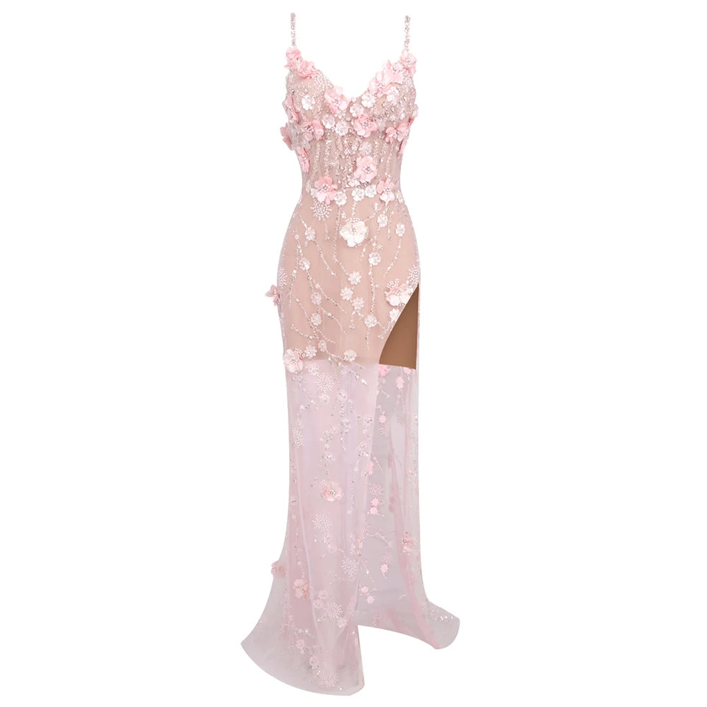 Diamond Beaded Spaghetti Strap Long Dress Pearls Sequins Structured Flowers High Split Sheer Mesh Trendy Celebrity Party Gown Pink