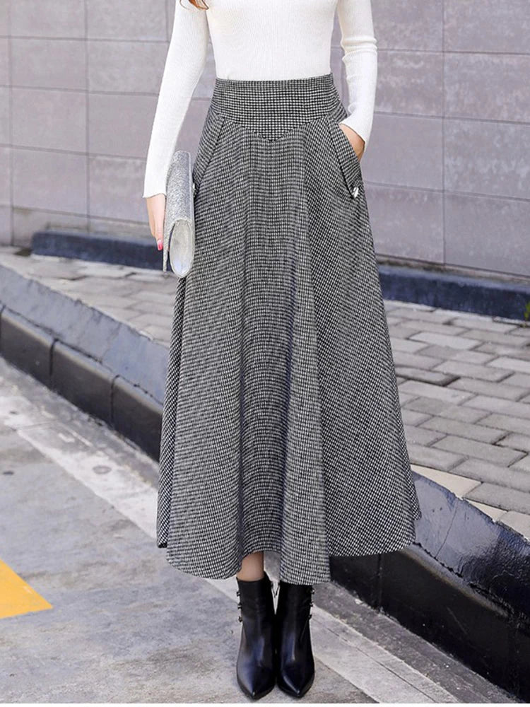 High Waist Vintage Houndstooth Plaid Warm Wool Long Skirt For Women 2023 Elegant Casual Big Swing A-Line Saias Longas Female blacckwhite