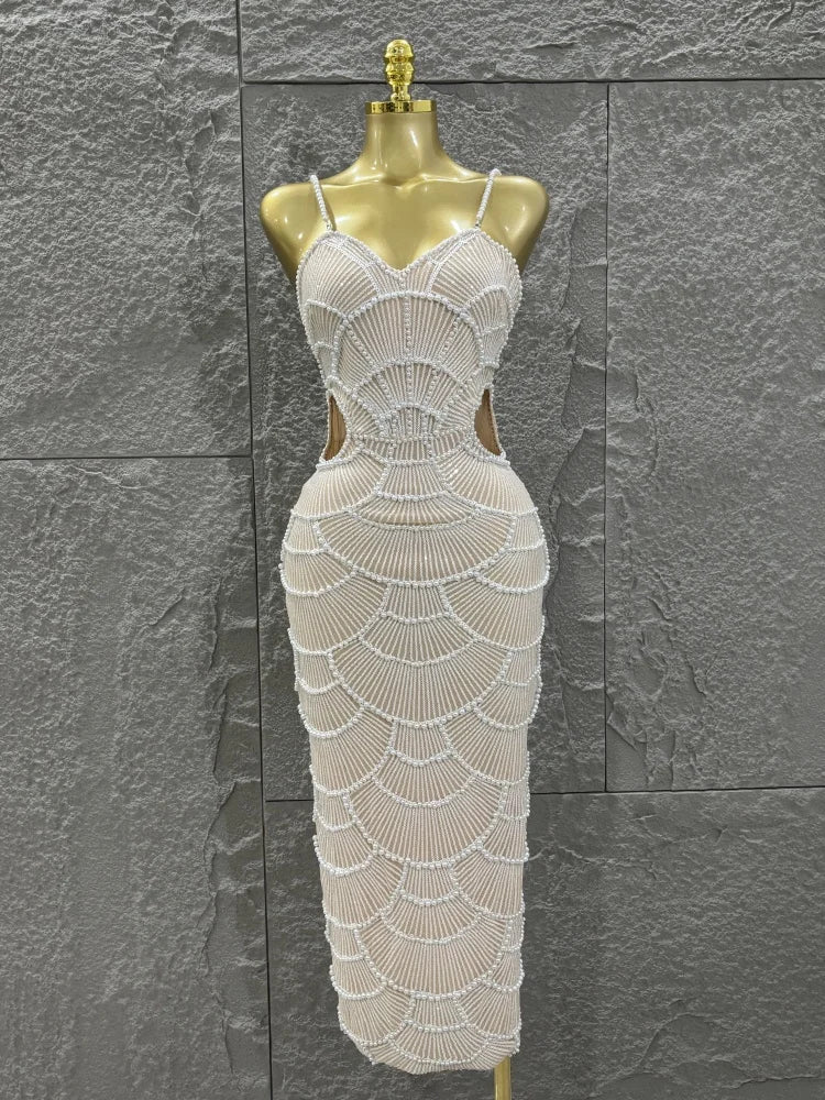 Hot Sale Women Sleeveless Sexy Strap Pearl Beading Bodycon Long Dress Celebrate Evening Party Birthday Cocktail Outfit
