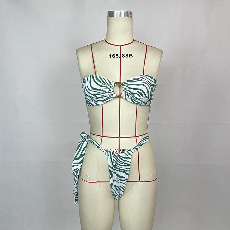 Sexy Bikini Swims Summer Print Drawstring Backless Lace Up Bathing Suit Swimwear For Female