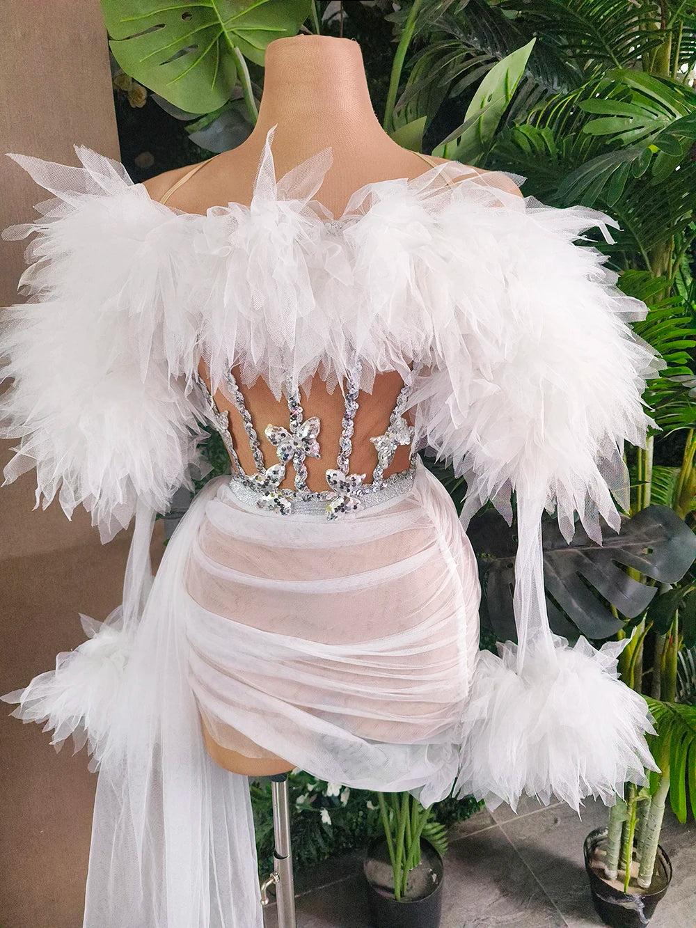 White Purple Women Sexy Mesh Ruffles 2 Pieces Bodycon Mini Dress See Through Celebrate Nightclub Party Bar Singer Stage Wear WHITE