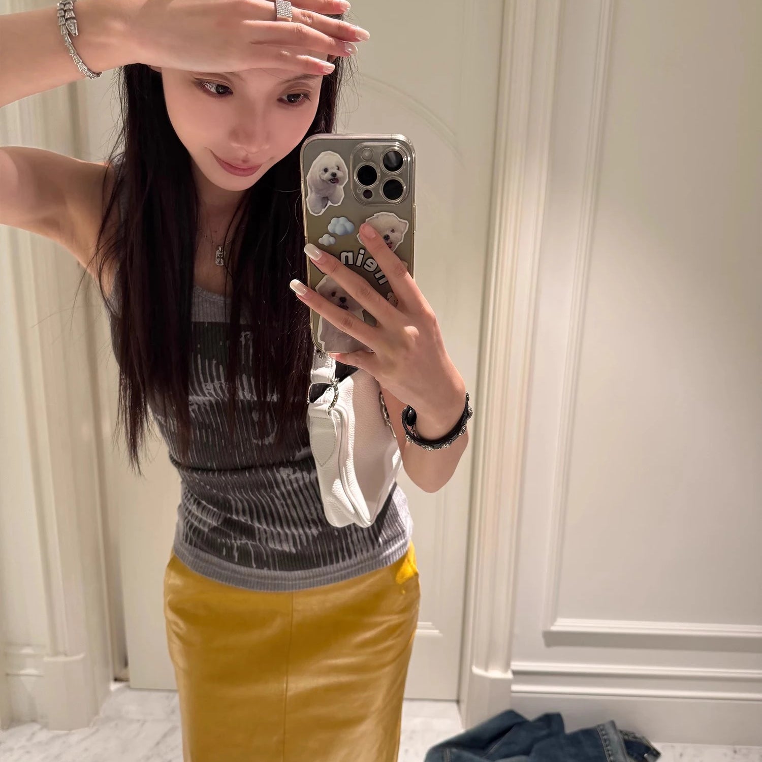 Lautaro Spring Autumn Shiny Reflective Yellow Patent Pu Leather Skirt Women with Back Slit Knee Length Luxury Designer Clothes Yellow