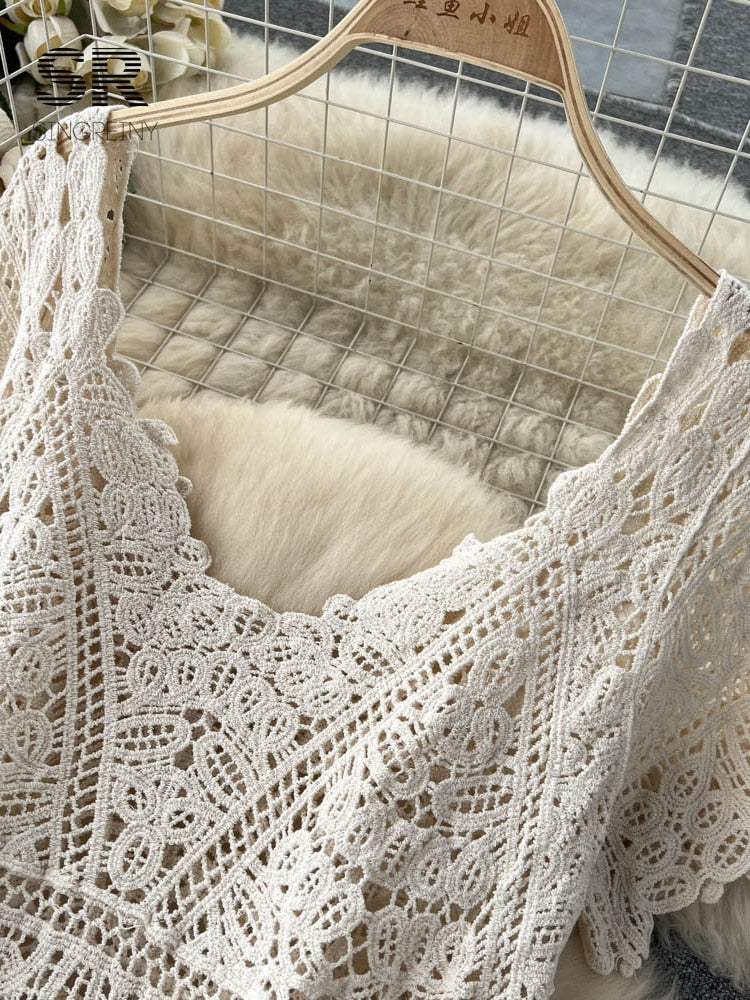 SINGREINY Loose Knit Long Dress Women V Neck Solid Hollow Out Design Retro Fashion 2024 Ladies Y2K Casual Summer Beach Dresses