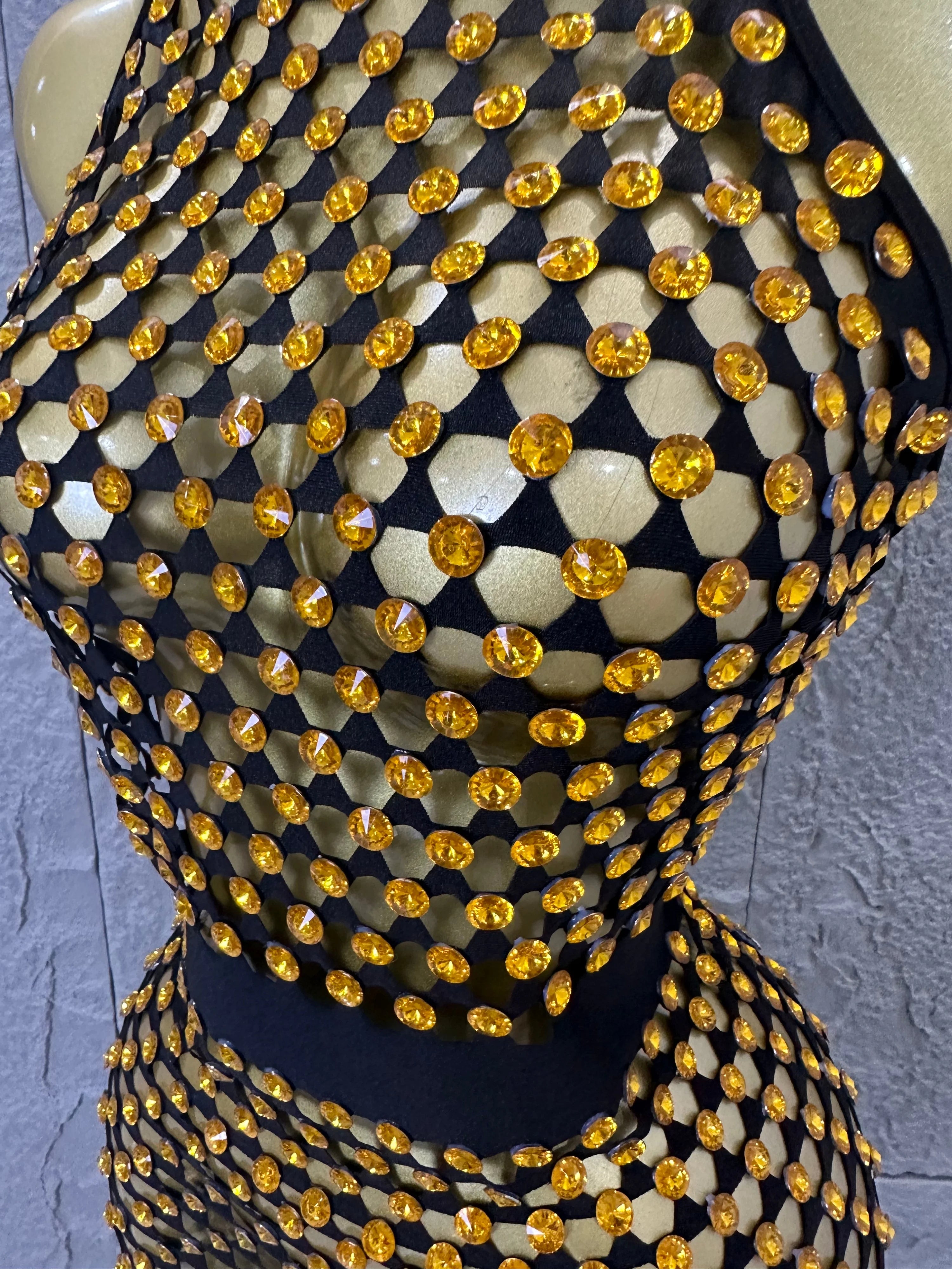 Luxury 2026 Glamorous Black Mesh Halter Mini Dress Sparkle Rhinestone Gold Silver Bead Bodycon Bar Stage Performance Costume