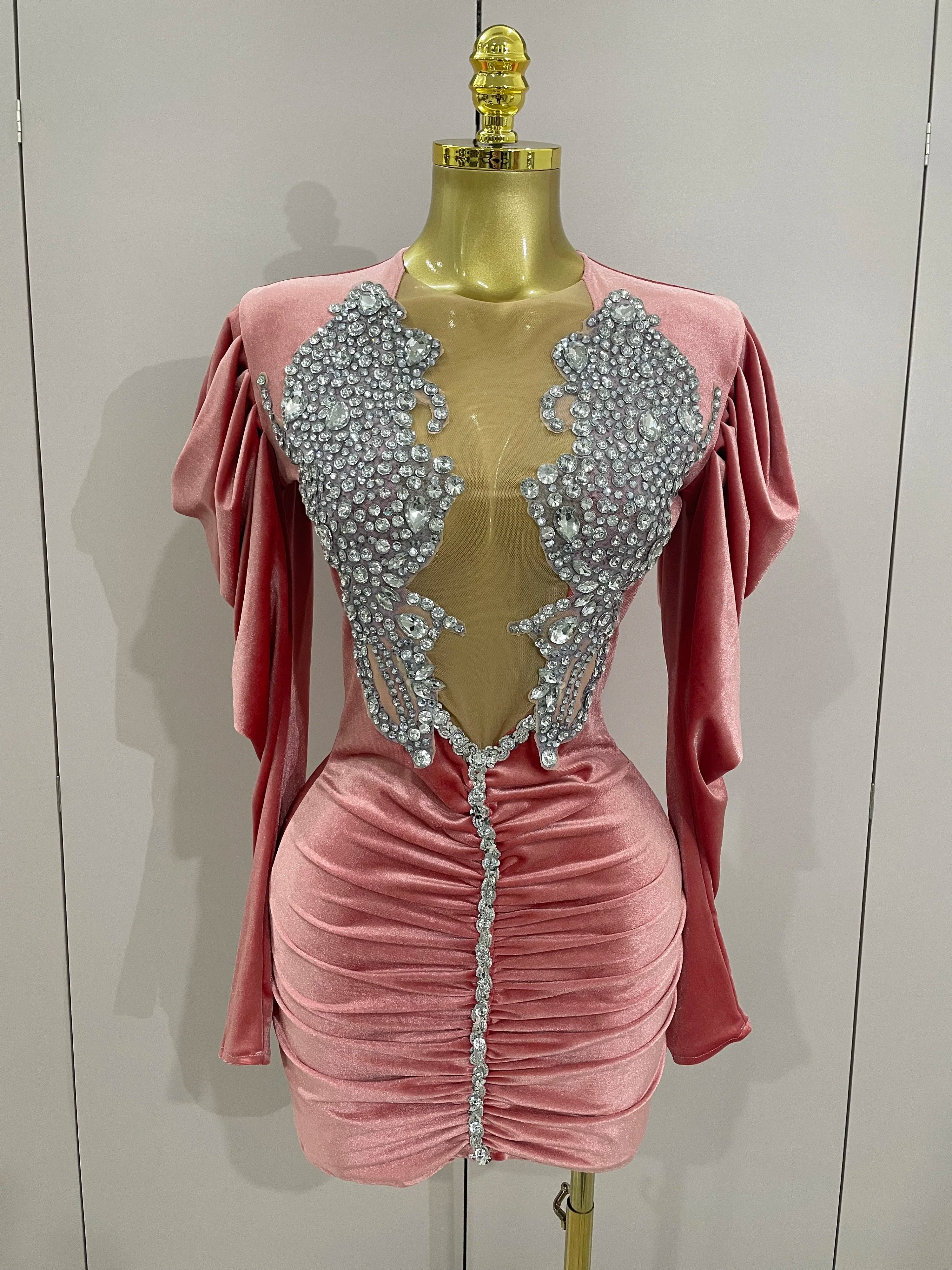 Luxury Sparkly Crystals Sexy Mesh White Velvet Short Dress 2025 Women Elegant Evening Prom Birthday Party Dresses Stage Costume Pink