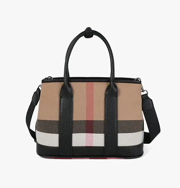 Black Female Bag Designer Luxury Handbags Plaid Printed Women Hand Bag Wide Strap Canvas Pu Leather Shoulder Bag Lady Purse Black Women Bags 33cm X 14cm X 23cm