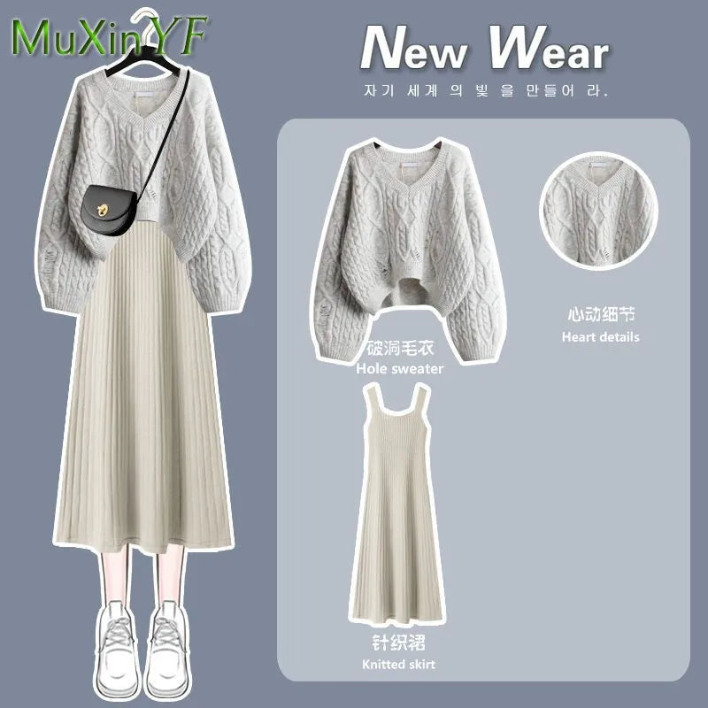 Women's 2024 Autumn Winter New Fashion V-Neck Sweater Knitted Dress Two Piece Korean Elegant Top Skirt Matching Set Female Suit