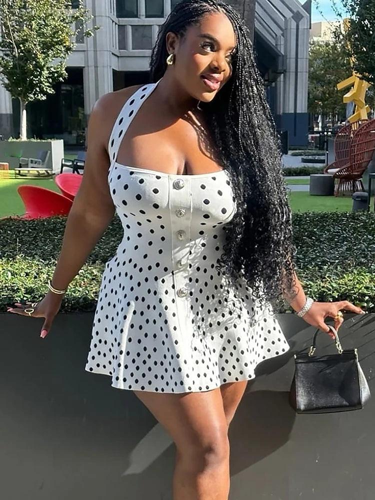 Mozision Halter Backless Polka Dot Dress For Women Fashion Square Collar Sleeveless High Waist A-line Knit Mini Dress Elegant White