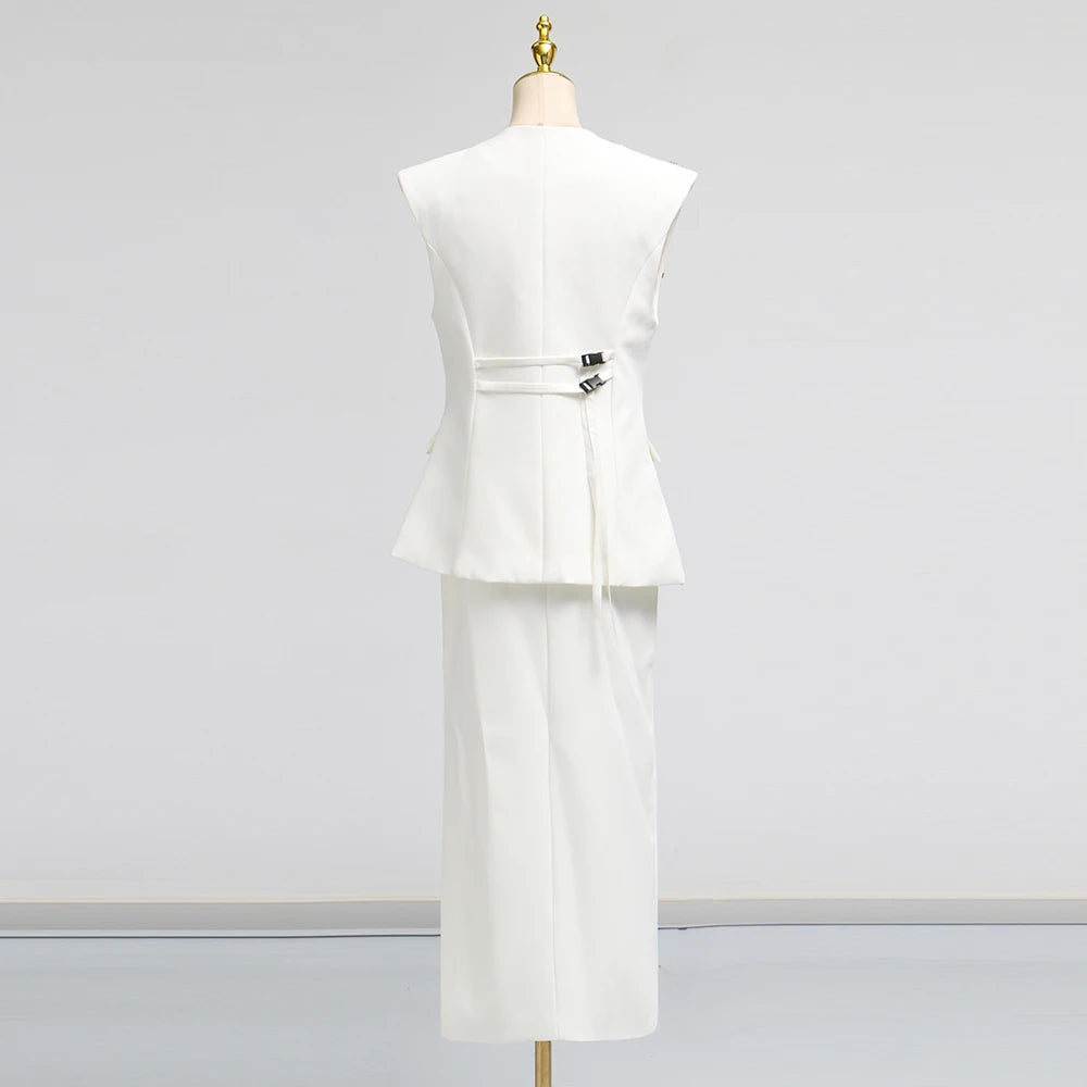 Solid Spliced 3D Flower Two Piece Sets for Women V Neck Sleeveless Top High Waist Split Skirt Elegant Set Female