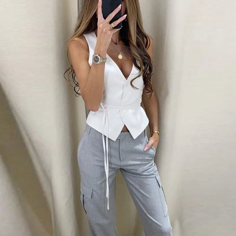 Elegant Chic Lace-up V-neck Women Vest Solid Slim Sleeveless Tops Female Spring Summer Fashion Sexy Lady Streetwear WHITE