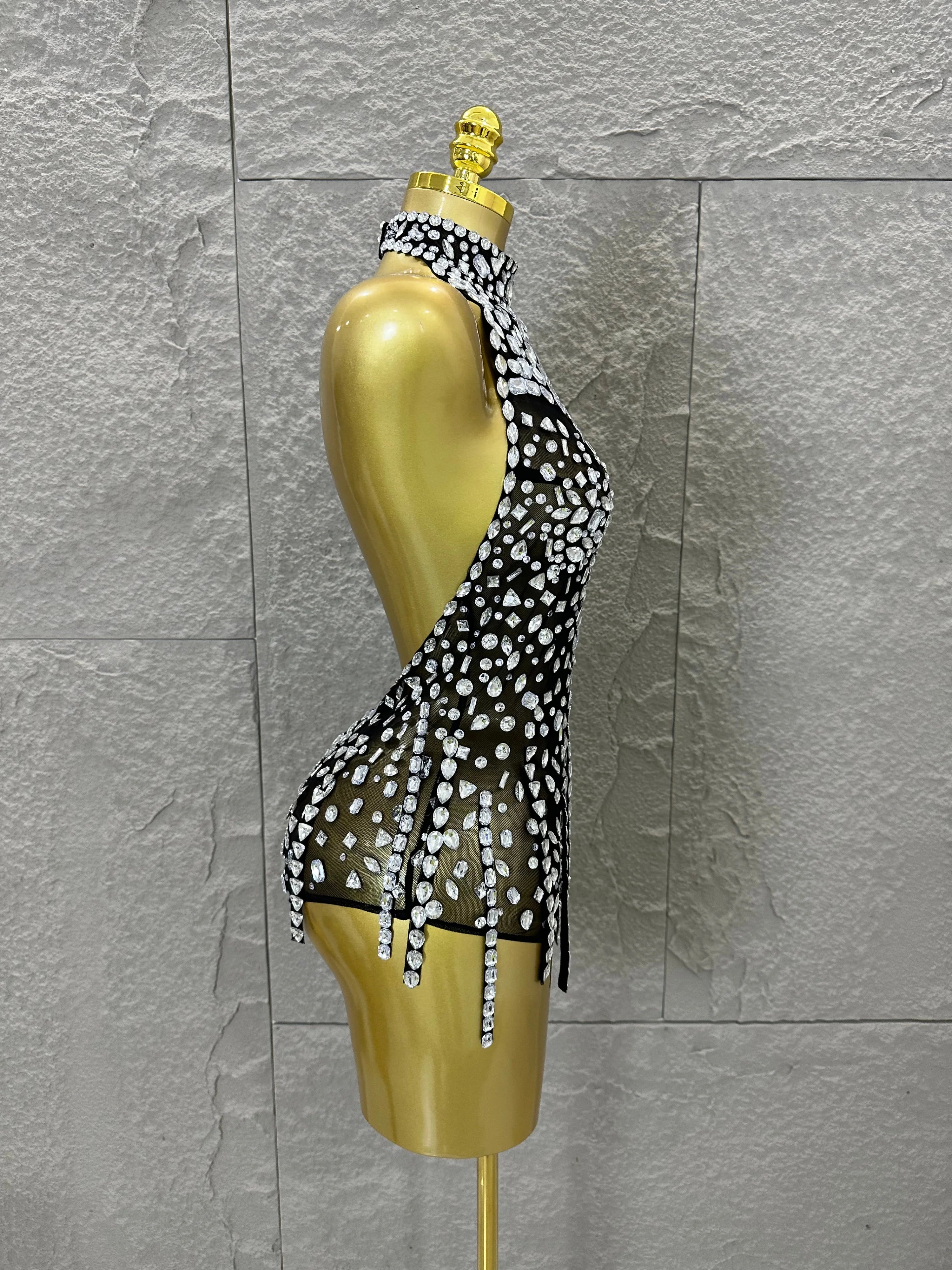 Pink Nude Sleeveless Bodysuit Women Sheer Mesh Crystal Rhinestone Embellished Formal Event Performance Costume