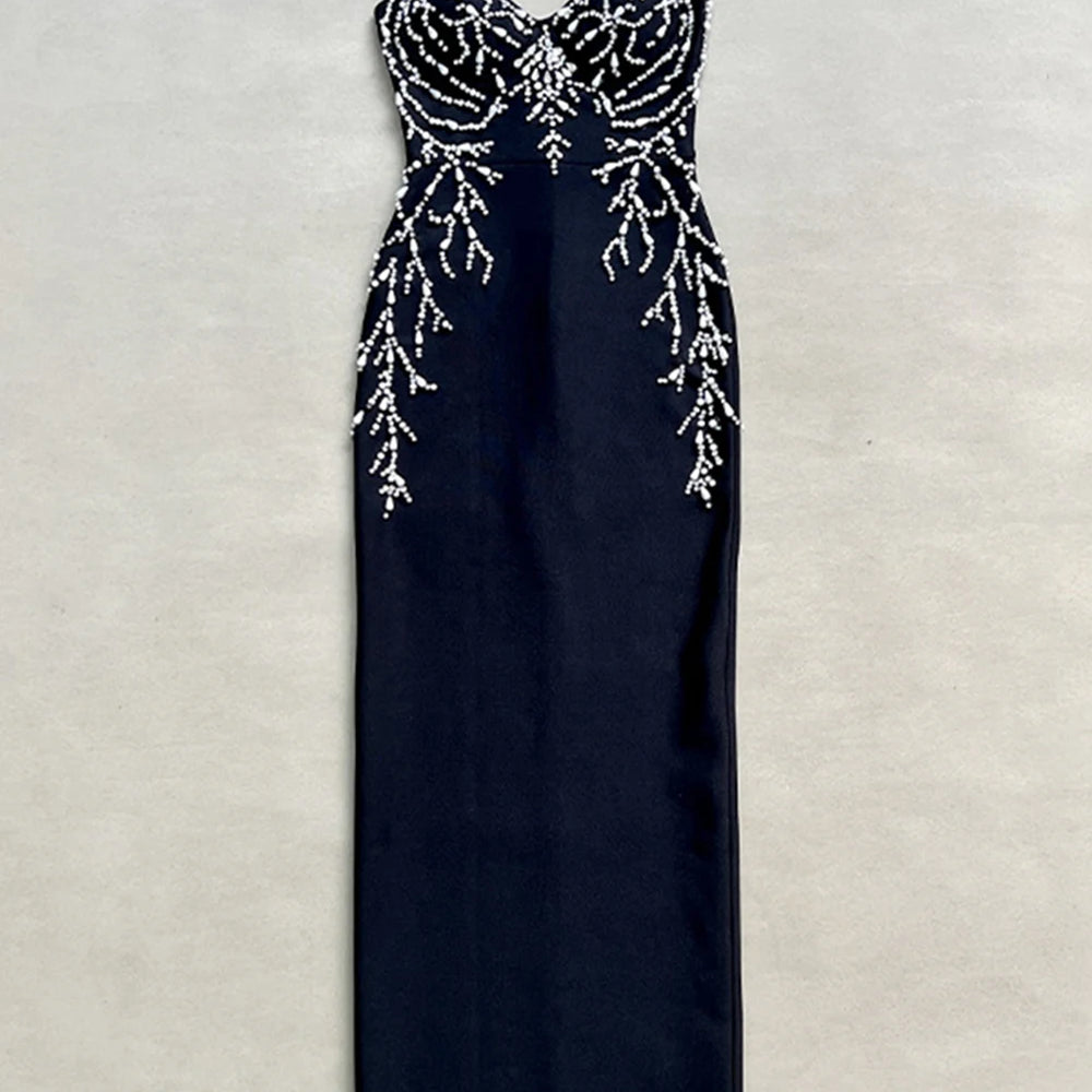 Ladies Diamond Beads Spaghetti Strap Backless Design Celebrity Evening Club Black Sleeveless Sexy Maxi Bandage Dress Vestidos