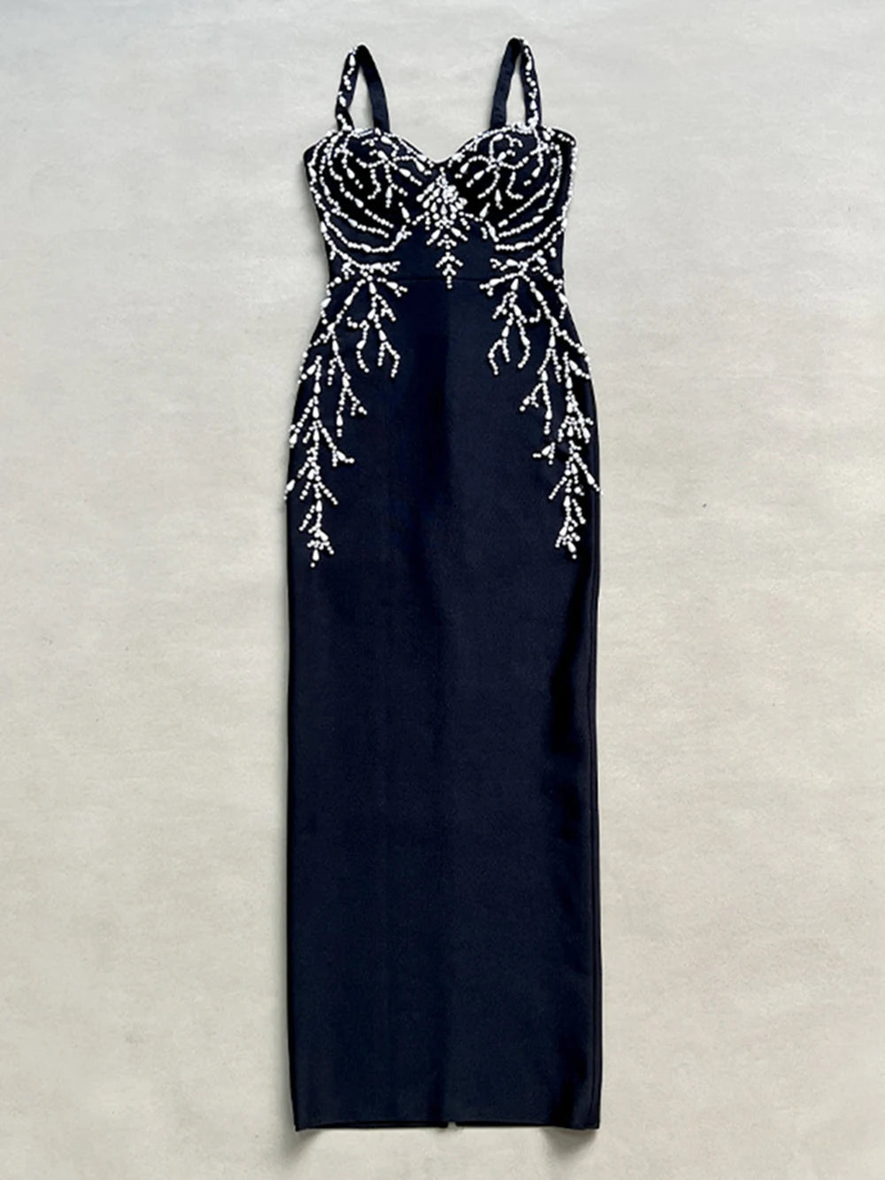 Ladies Diamond Beads Spaghetti Strap Backless Design Celebrity Evening Club Black Sleeveless Sexy Maxi Bandage Dress Vestidos