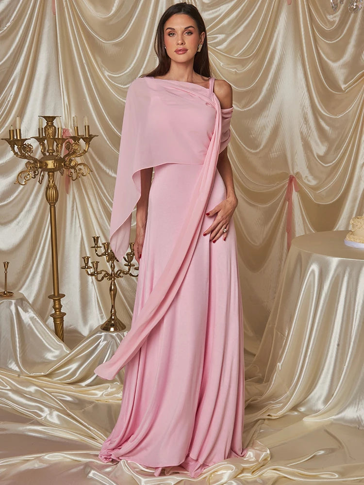 Pink Cape Sleeve Sexy Maxi Dress For Women Off-shoulder Backless Gown Elegant Skew Collar Lace-up Long Dress Vestido Pink