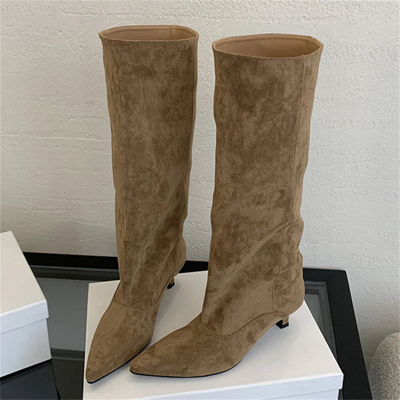 Eilyken 2025 Winter Street Style Pointed Toe Knee-High Boots Women Low Heels Shoes Female Long Booties Zapatos De Mujer khaki
