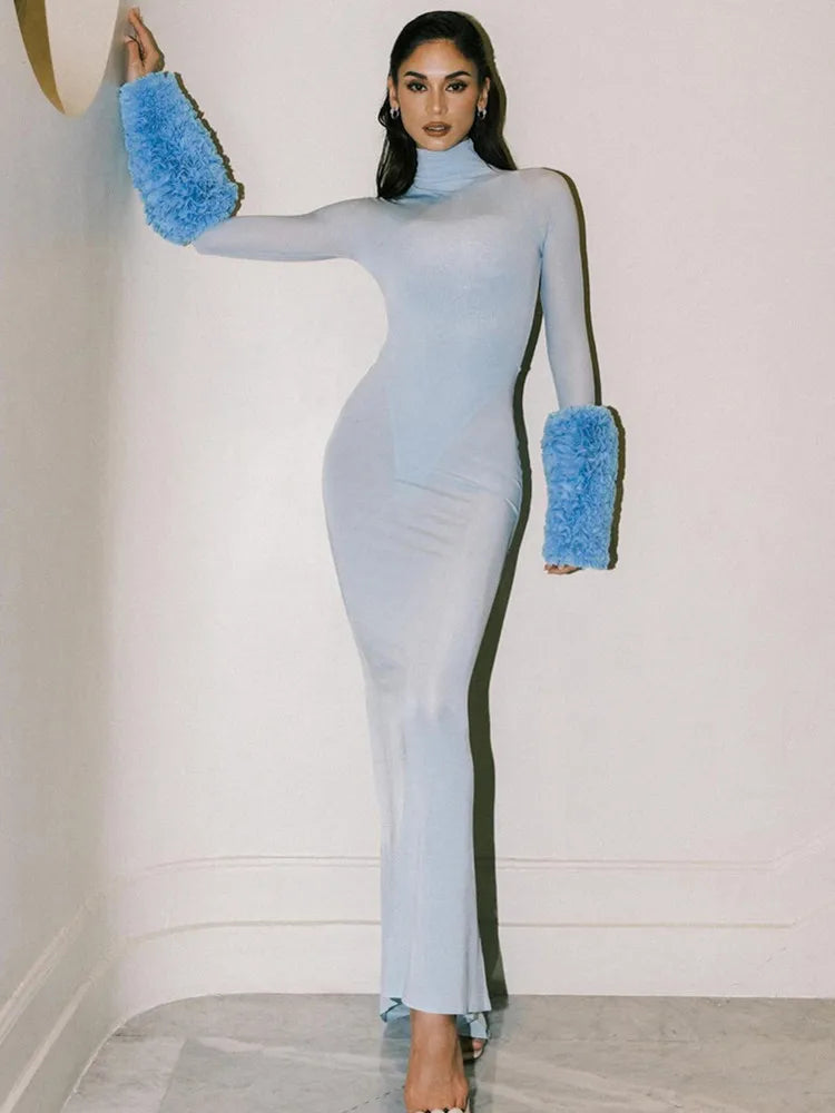 New Women Celebrity Sexy Long Sleeve Mesh Sky Blue Maxi Long Bodycon Dress 2024 Elegant Evening Club Party Outfit