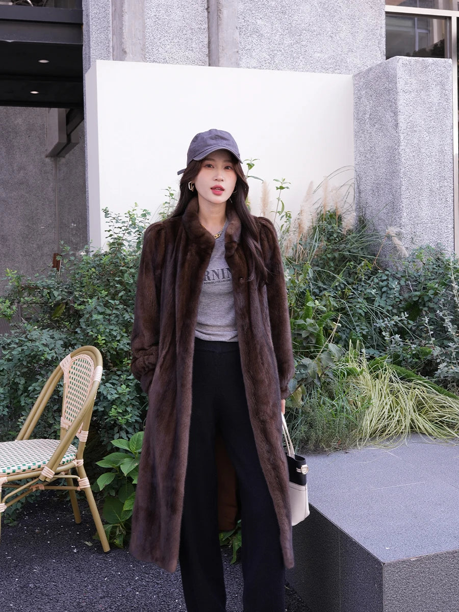 Lautaro Winter Long Luxury Elegant Stylish Thick Warm Fluffy Soft Brown Faux Mink Fur Coat Women Puff Sleeve Stand Collar 2025