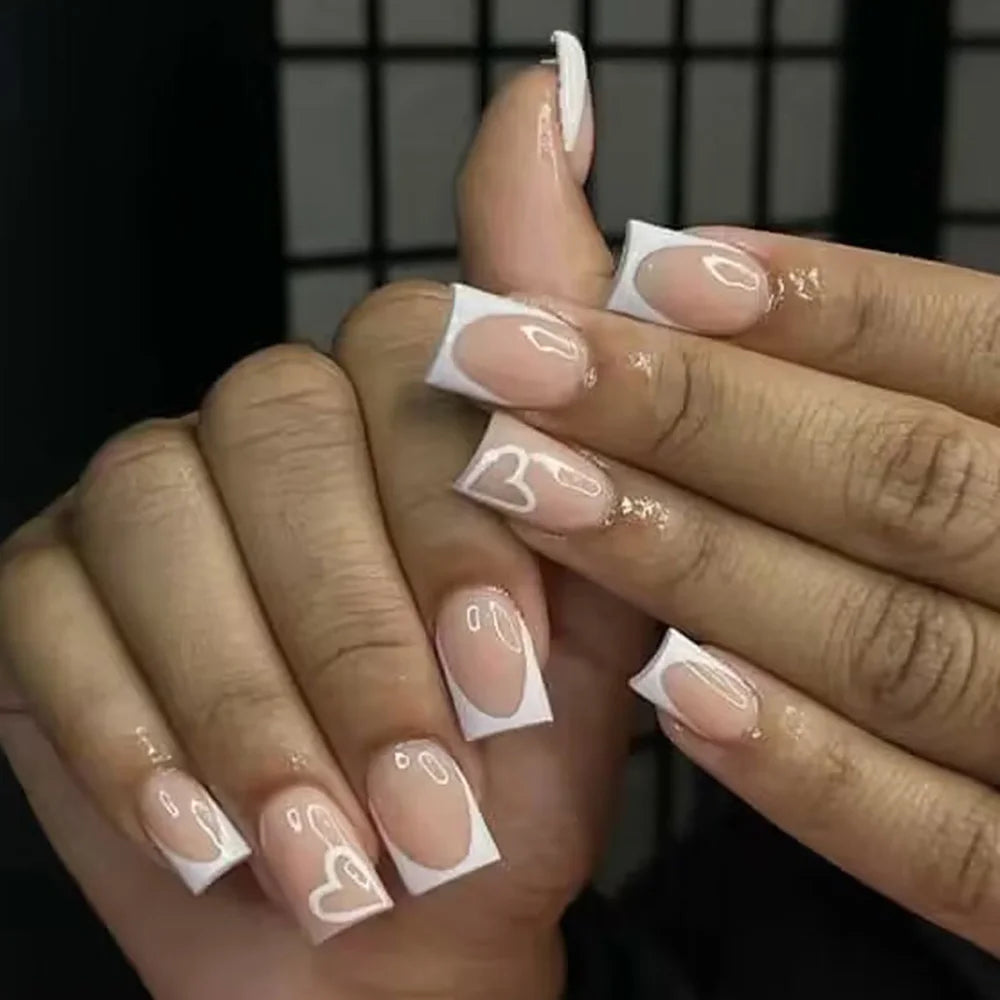 24pcs/set short square fake nails for women cute bride heart white french tips faux ongles y2k press on false nail supplies 947