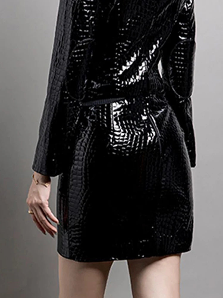 Lautaro Spring Shiny Reflective Black Crocodile Print Patent Faux Leather Mini Skirt Women High Waist Luxury Designer Clothes