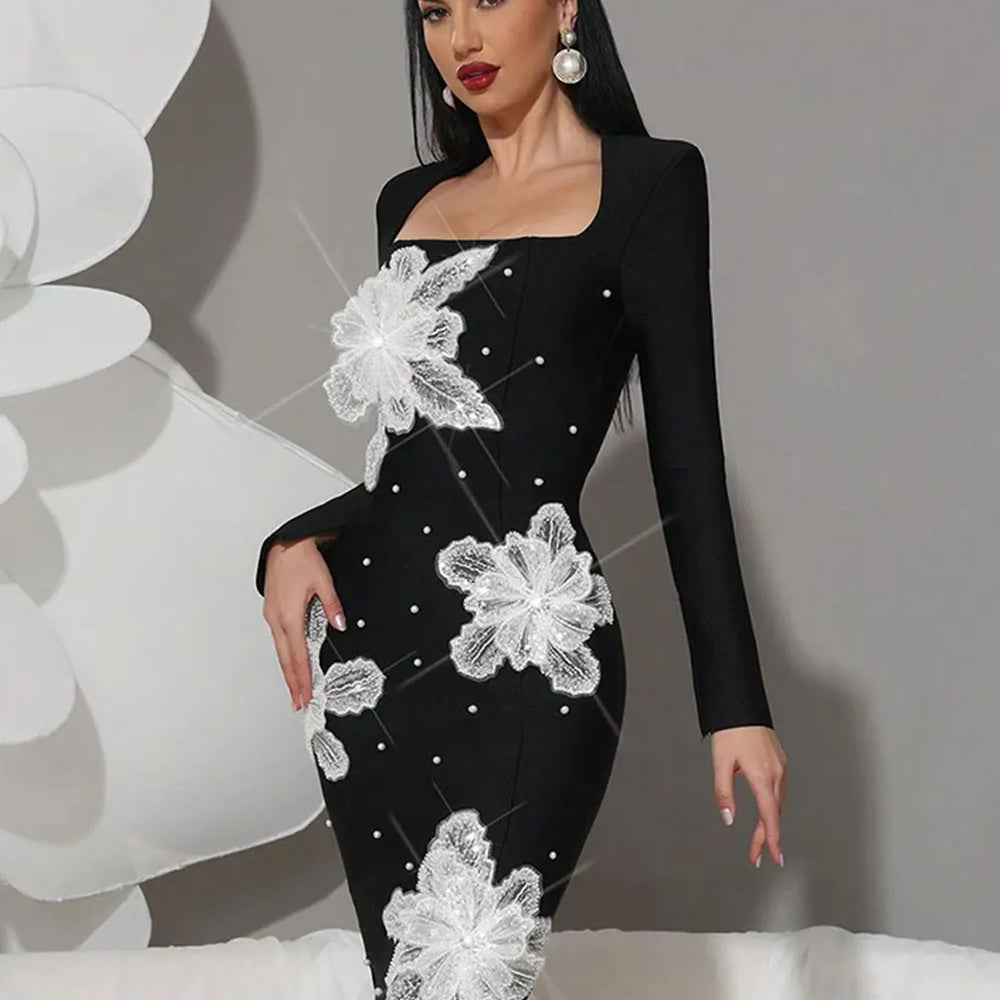 2025 Women's Light Luxury 3D Flower Design Bandage Dress Square Neck Long Sleeve Bodycon Flute Dress Evening Club Party Vestidos
