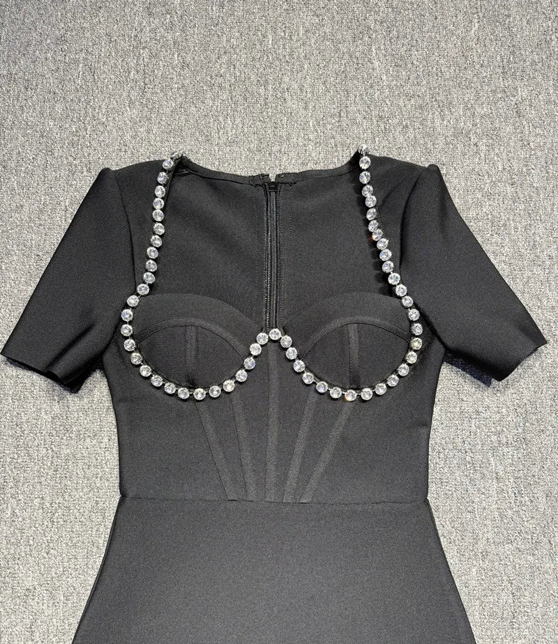 Black Color Women Sexy Short Sleeve Square Collar Feathers Bodycon Mid-calf Bandage Dress Celebrate Nightclub Party Fashion Wear