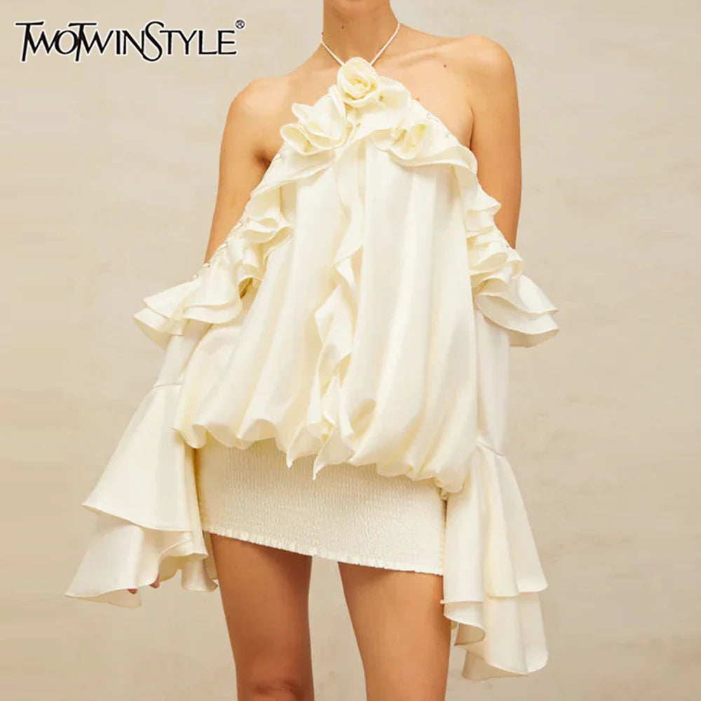 Solid Loose Spliced 3D Flower Dresses for Women Halter Neck Sleeveless Patchwork Fungus Mini Dress Female Clothing