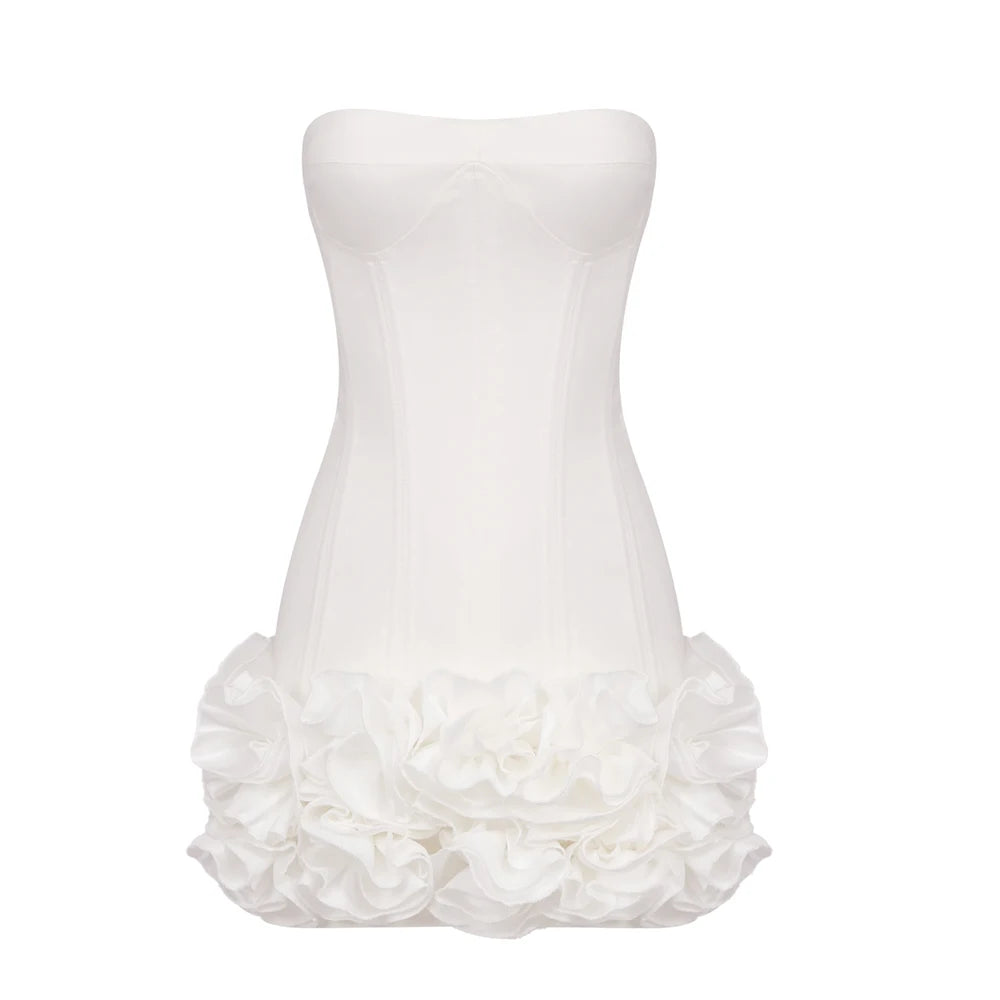 Christmas Dress Strapless Backless Red Structured Floral Embellished Mini Length Bodycon Celebrity Party Cocktail Dress WHITE